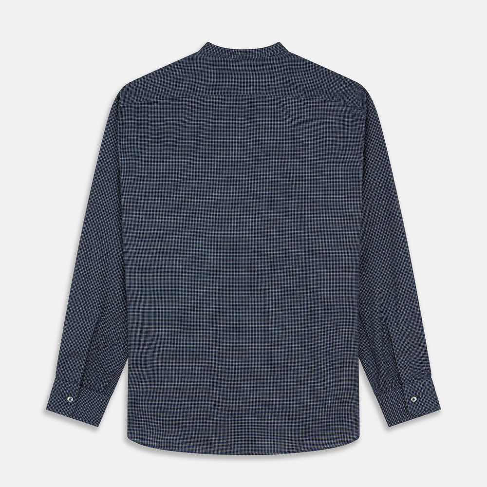 The Turnbull & Asser Navy Check Weekend Fit Flannel Shirt features a stand collar, button front, two chest pockets with flaps, and 1-button cuffs, crafted from soft Italian cotton and shown laid flat on a white background.