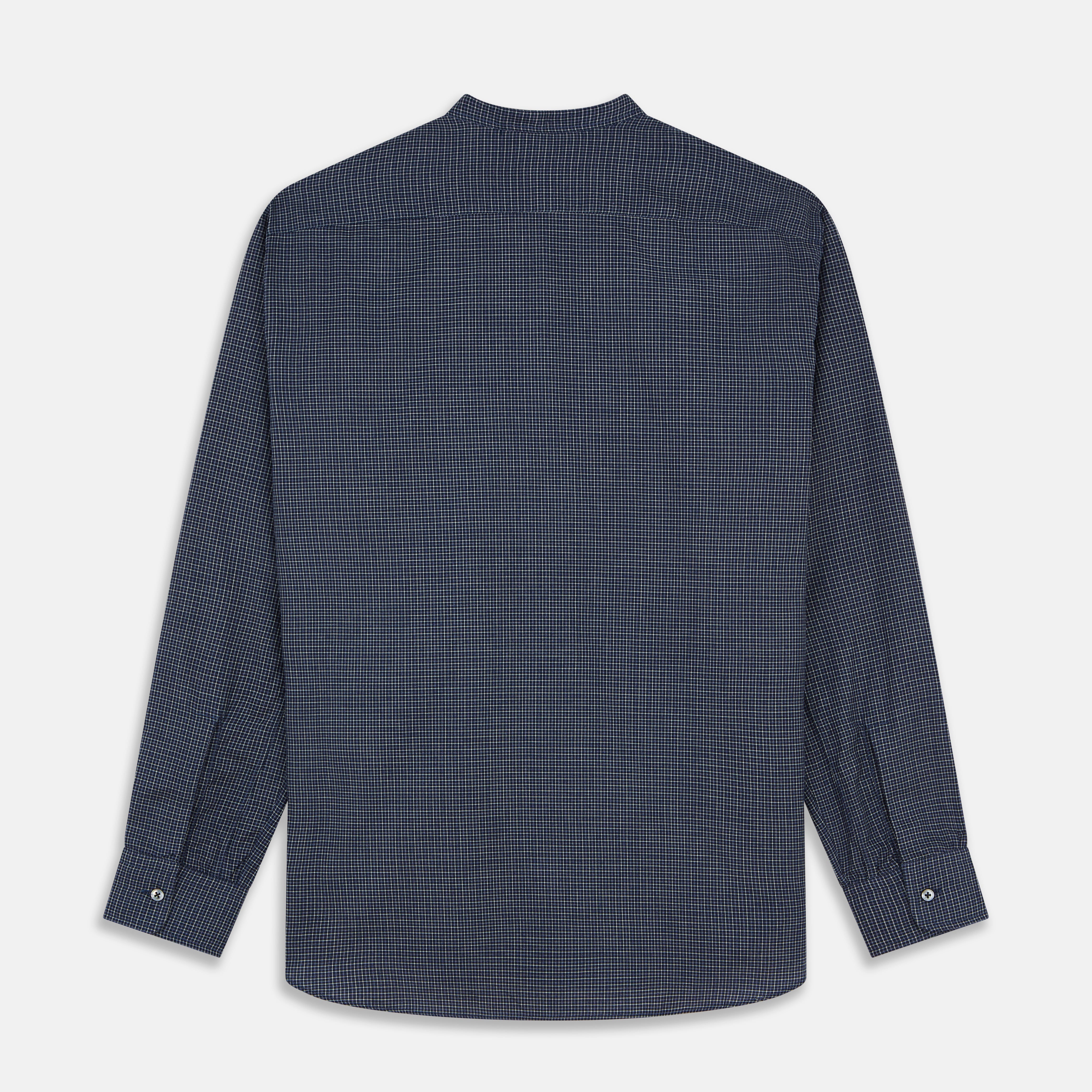 View 5 of product The Turnbull & Asser Navy Check Weekend Fit Flannel Shirt features a stand collar, button front, two chest pockets with flaps, and 1-button cuffs, crafted from soft Italian cotton and shown laid flat on a white background.