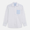View 1 of product The White and Blue Stripe Cotton RE-PURPOSE Weekend Fit Finch Shirt by Turnbull & Asser features long sleeves, thin blue stripes, a light blue chest pocket, and is crafted sustainably.