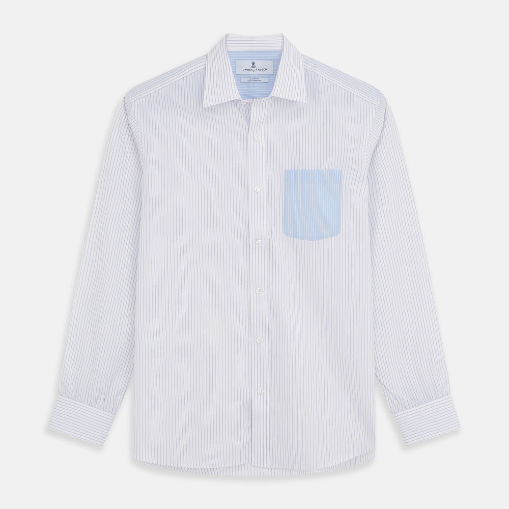 The White and Blue Stripe Cotton RE-PURPOSE Weekend Fit Finch Shirt by Turnbull & Asser features long sleeves, thin blue stripes, a light blue chest pocket, and is crafted sustainably.