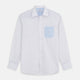 The White and Blue Stripe Cotton RE-PURPOSE Weekend Fit Finch Shirt by Turnbull & Asser features long sleeves, thin blue stripes, a light blue chest pocket, and is crafted sustainably.
