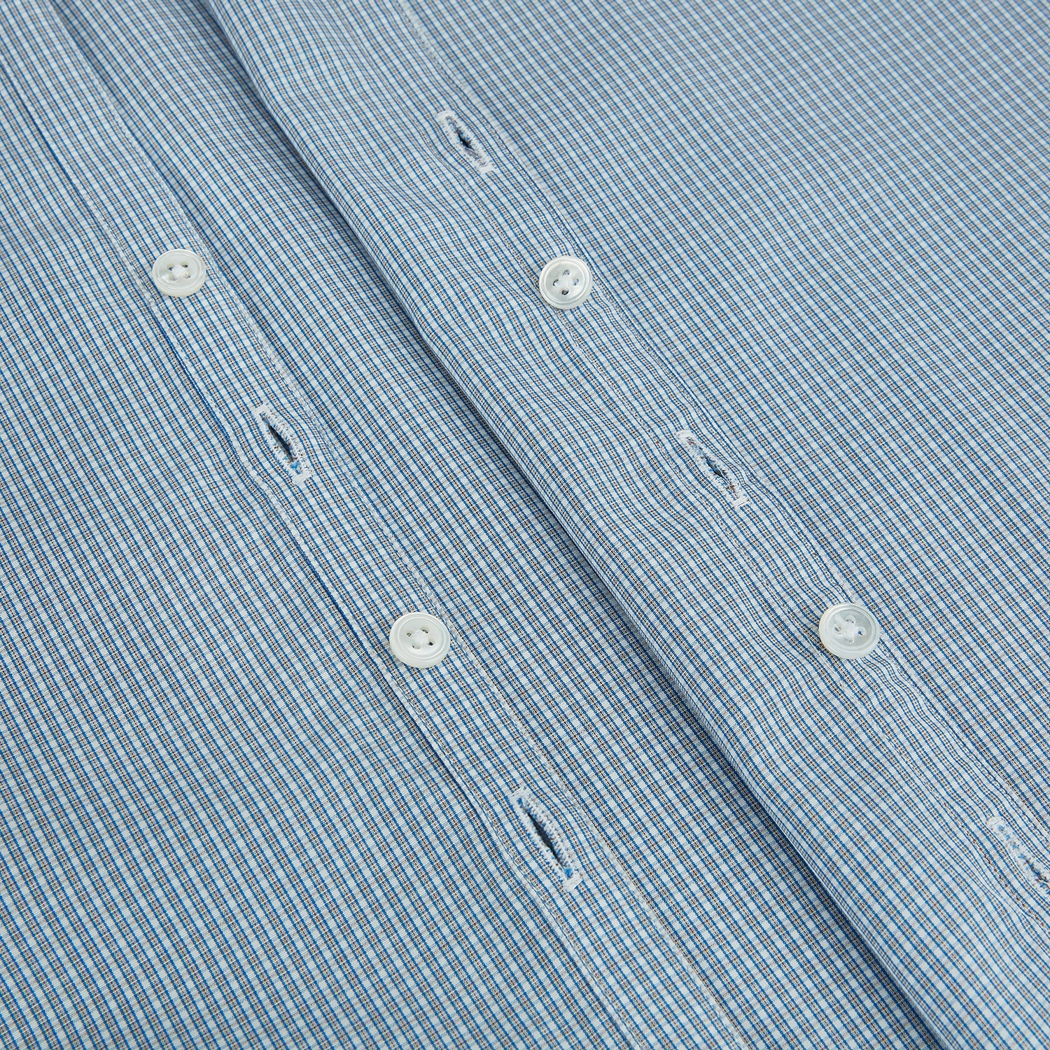 View 7 of product The Turnbull & Asser Blue and Brown Micro Shadow Check Westminster Shirt features a refined collar and white buttons, showcasing timeless British craftsmanship.