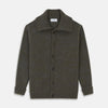 View 1 of product The Turnbull & Asser Green and Grey Cashmere Melange Lowry Cardigan is a long-sleeve piece with a revere collar, button-up front, and ribbed cuffs and hem, shown laid flat on a white background.