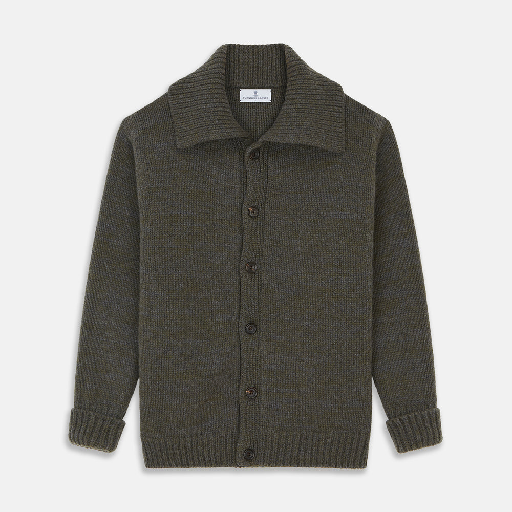 The Turnbull & Asser Green and Grey Cashmere Melange Lowry Cardigan is a long-sleeve piece with a revere collar, button-up front, and ribbed cuffs and hem, shown laid flat on a white background.