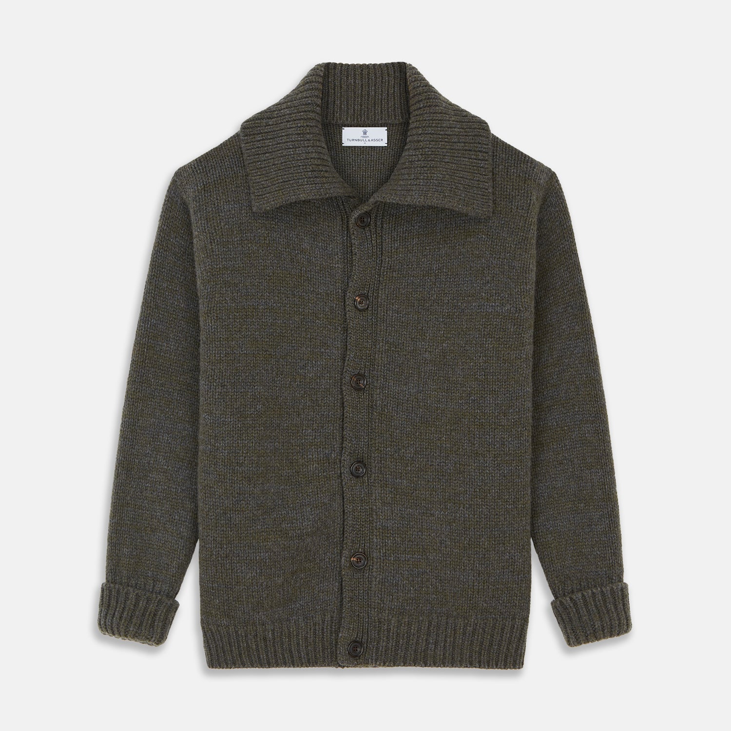 View 1 of product The Turnbull & Asser Green and Grey Cashmere Melange Lowry Cardigan is a long-sleeve piece with a revere collar, button-up front, and ribbed cuffs and hem, shown laid flat on a white background.