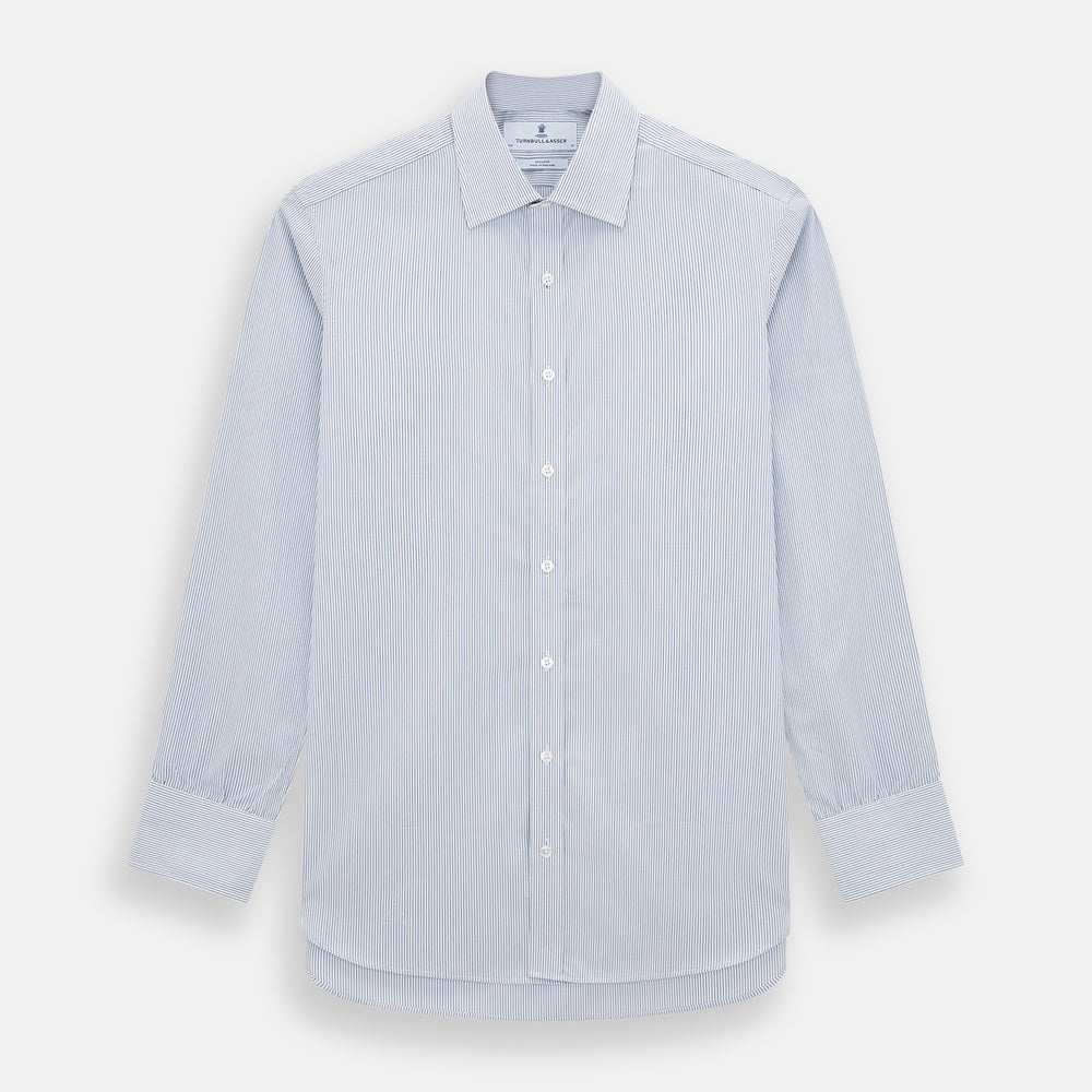 The Blue Ticking Pinstripe Mayfair Shirt by Turnbull & Asser features long sleeves, a button-down front, and classic T&A collar, shown on a plain white background.