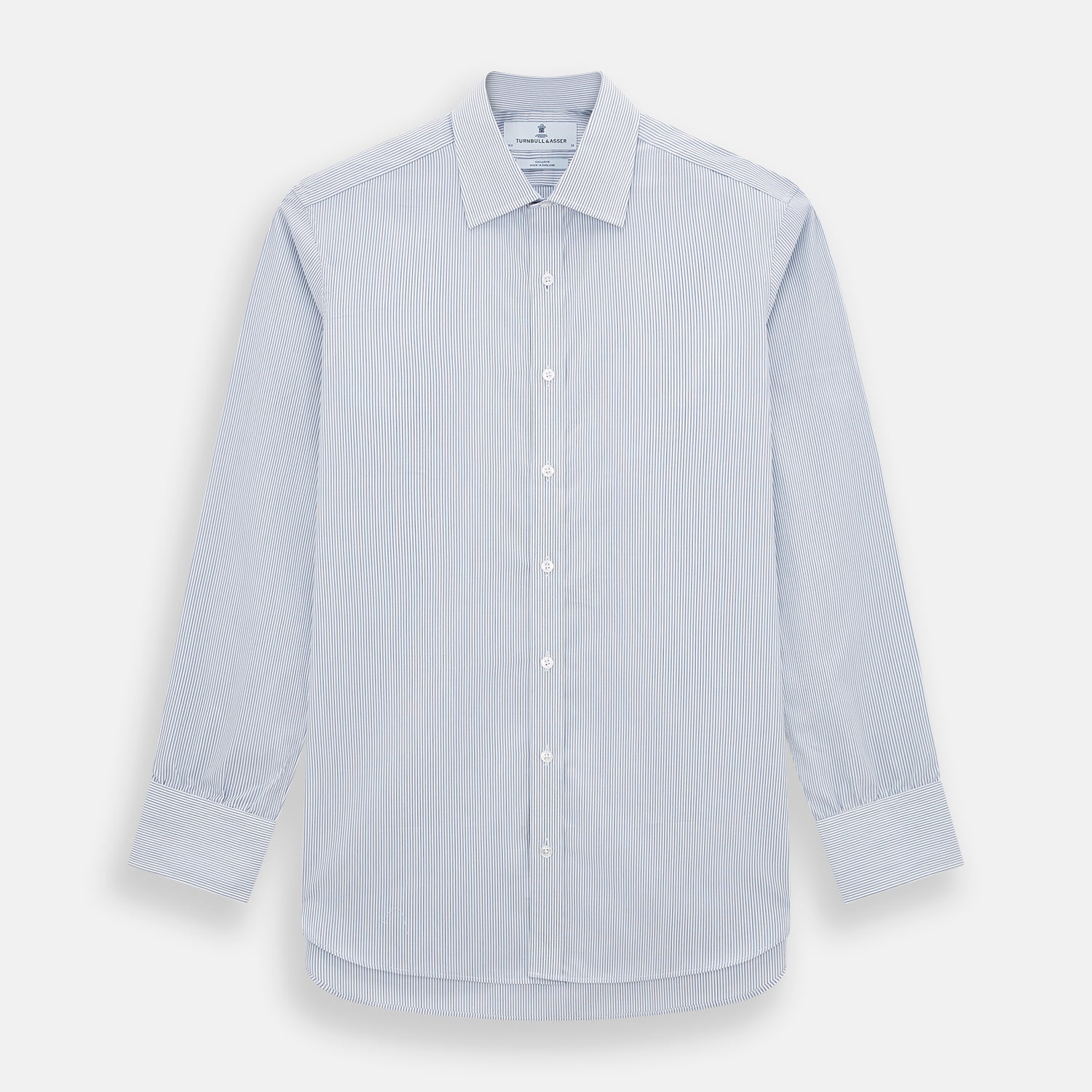View 1 of product The Blue Ticking Pinstripe Mayfair Shirt by Turnbull & Asser features long sleeves, a button-down front, and classic T&A collar, shown on a plain white background.