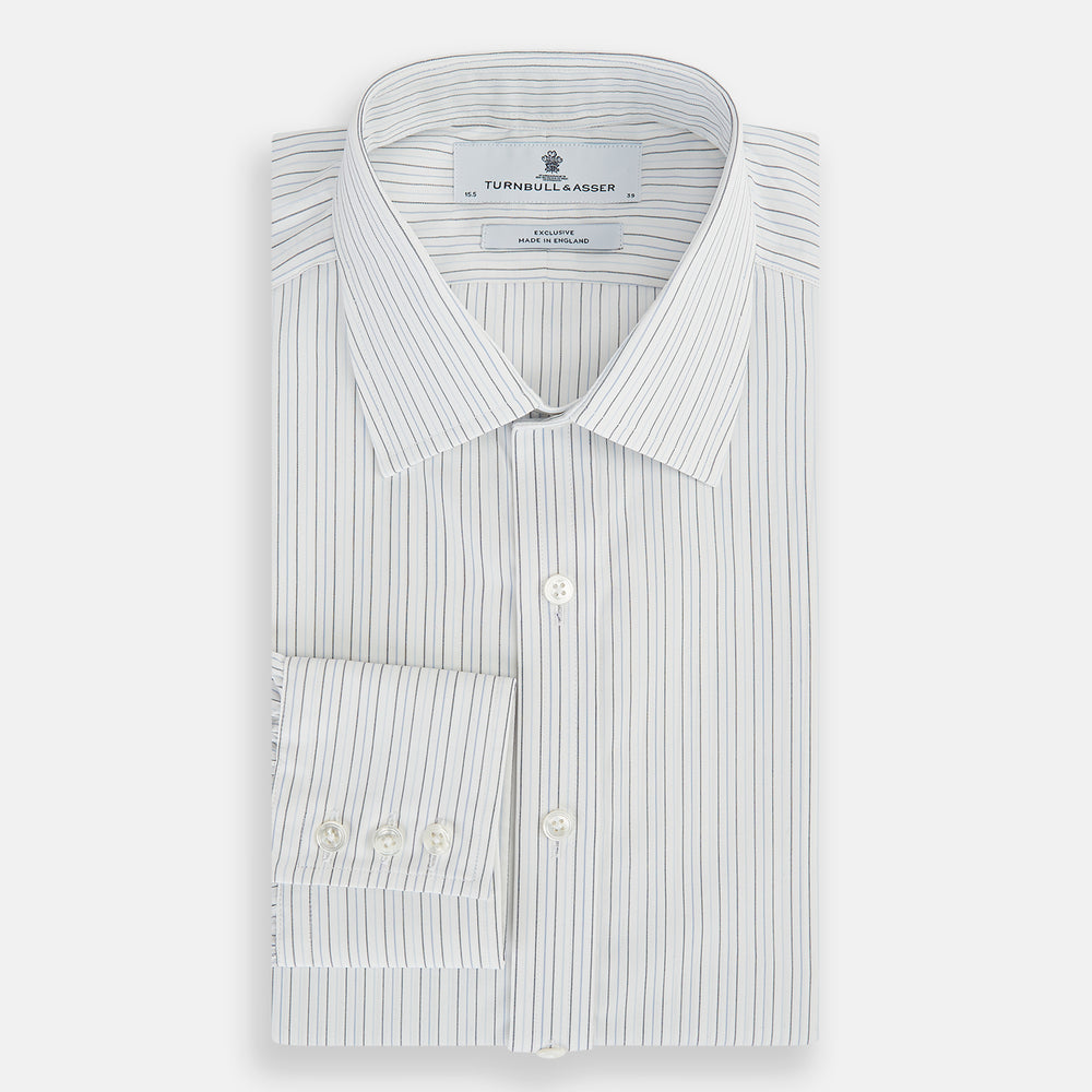 The Turnbull & Asser Blue Multi-Tone Double Pinstripe Mayfair Shirt, crafted from premium Italian cotton with a pointed collar, buttoned cuffs, and long sleeves, is shown on a plain white background.