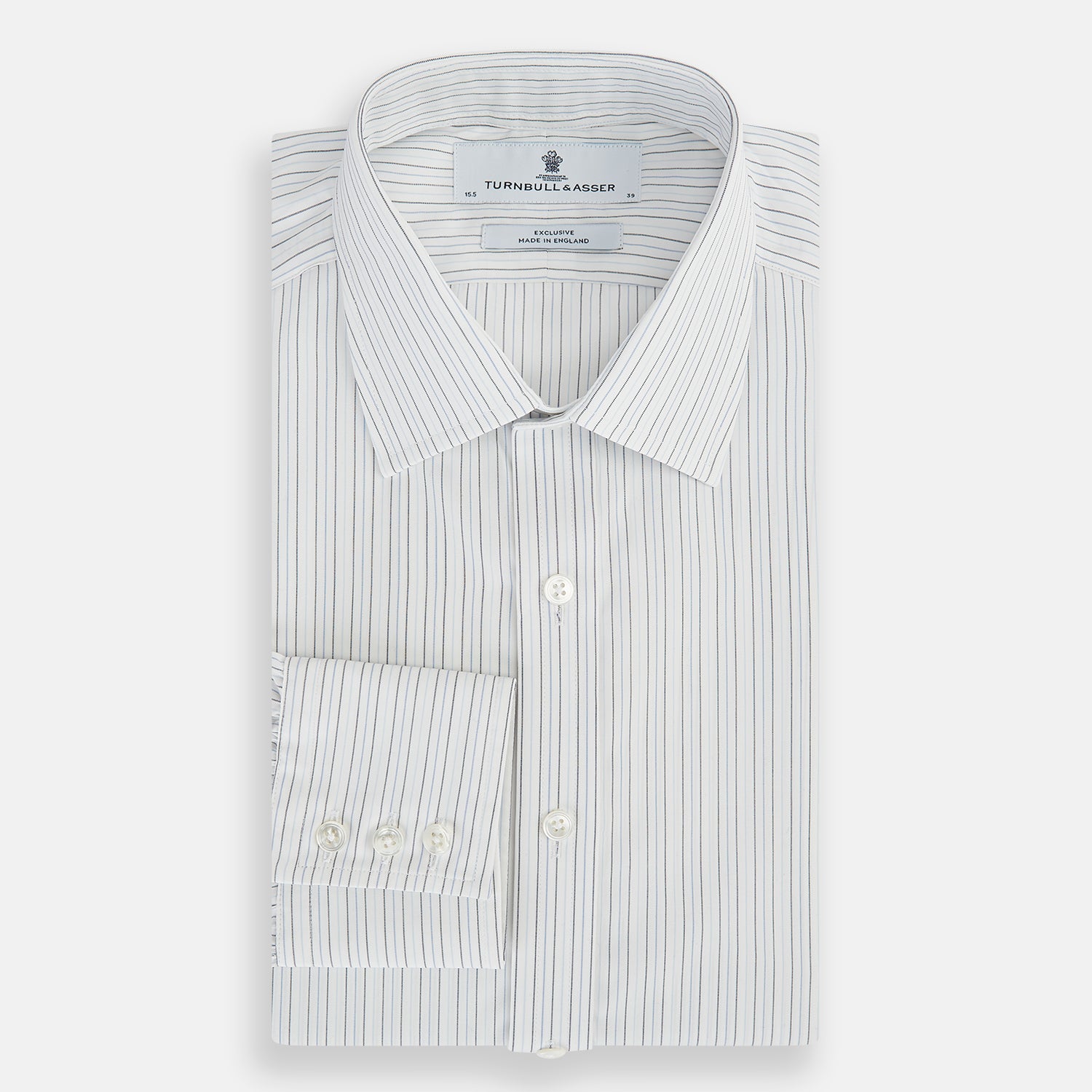 View 5 of product The Turnbull & Asser Blue Multi-Tone Double Pinstripe Mayfair Shirt, crafted from premium Italian cotton with a pointed collar, buttoned cuffs, and long sleeves, is shown on a plain white background.