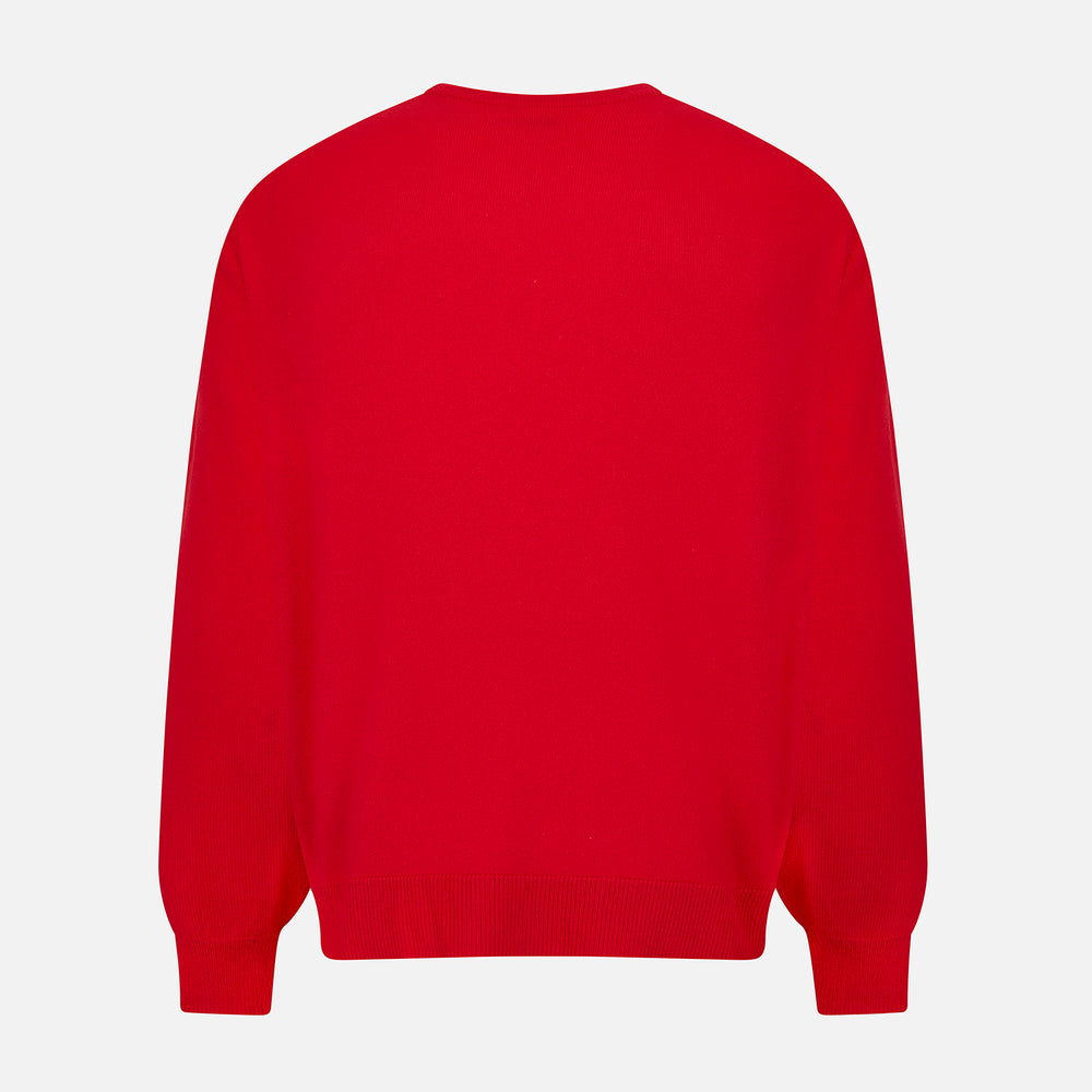 The Turnbull & Asser Red Cashmere Round Neck Jumper is shown against a light gray background. This classic men's piece features ribbed cuffs, hem, and neckline—an essential addition to your knitwear collection.