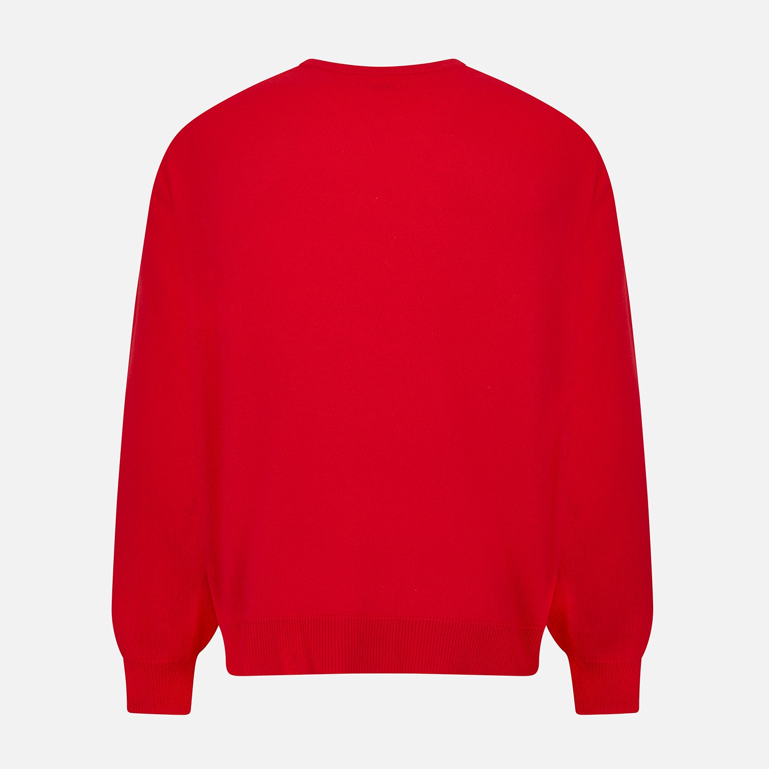 View 3 of product The Turnbull & Asser Red Cashmere Round Neck Jumper is shown against a light gray background. This classic men's piece features ribbed cuffs, hem, and neckline—an essential addition to your knitwear collection.
