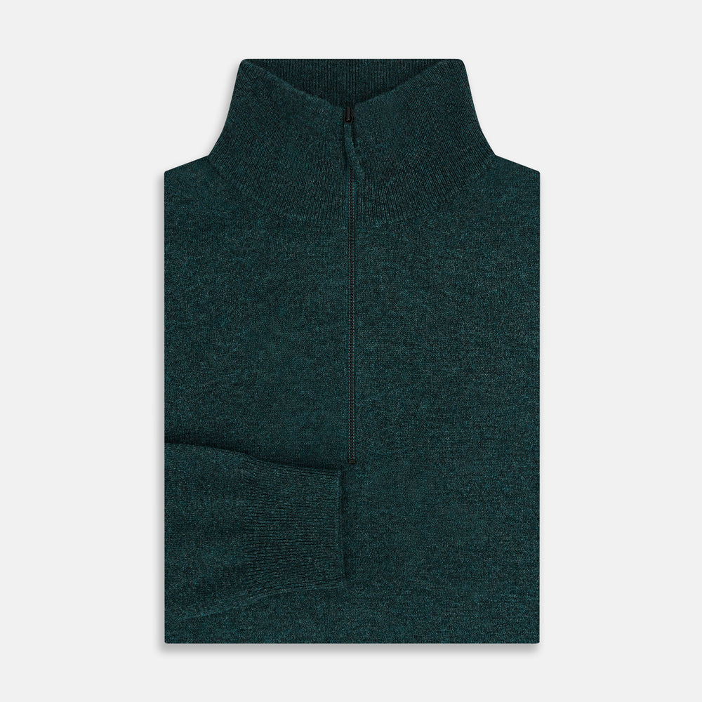 The Forest Green Melange Half-Zip Cashmere Jumper by Turnbull & Asser features a high collar and long sleeves, showcased against a plain white background.