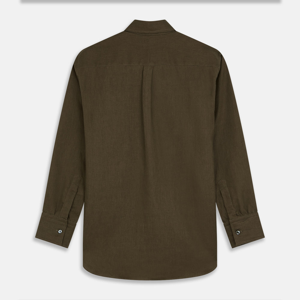The Turnbull & Asser Khaki Green Linen Weekend Fit Langston Shirt features long sleeves, a classic Derby collar, two chest pockets, and buttoned cuffs, shown against a white background.