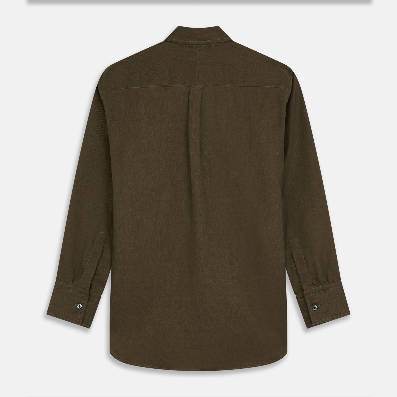 View 5 of product The Turnbull & Asser Khaki Green Linen Weekend Fit Langston Shirt features long sleeves, a classic Derby collar, two chest pockets, and buttoned cuffs, shown against a white background.