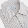 View 2 of product The Coffee and Grey Shadow Pinstripe Westminster Shirt by Turnbull & Asser features thin white and gray stripes, a long sleeve, button-down style, and signature collar, all reflecting classic British craftsmanship.