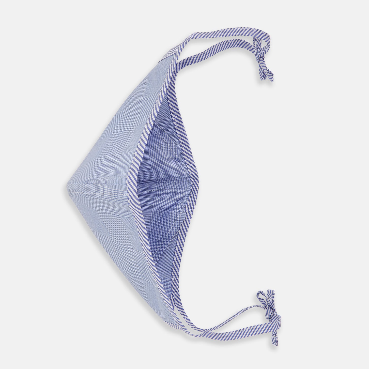 View 3 of product The Turnbull & Asser Blue Fine Check Zephyr Cotton Commuter Mask features a light blue and white check pattern, adjustable side ties, and comes with 3 Viroformula™ filters. Shown on a plain white background.