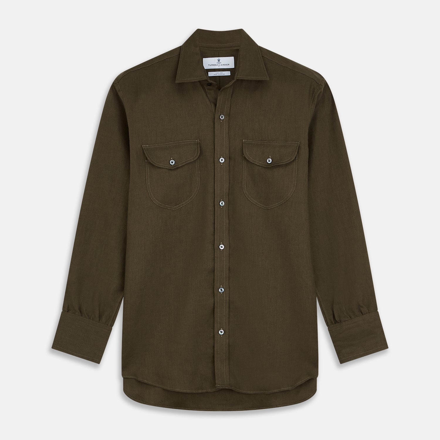 View 1 of product The Turnbull & Asser Khaki Green Linen Weekend Fit Langston Shirt features long sleeves, a classic Derby collar, two chest pockets, and buttoned cuffs, shown against a white background.
