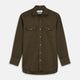 The Turnbull & Asser Khaki Green Linen Weekend Fit Langston Shirt features long sleeves, a classic Derby collar, two chest pockets, and buttoned cuffs, shown against a white background.