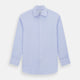 The Turnbull & Asser BLUE HERRINGBONE TAILORED FIT SHIRT WITH KENT COLLAR features long sleeves and buttoned cuffs, offering a timeless formal look in a classic light blue herringbone fabric, laid flat on a white background.