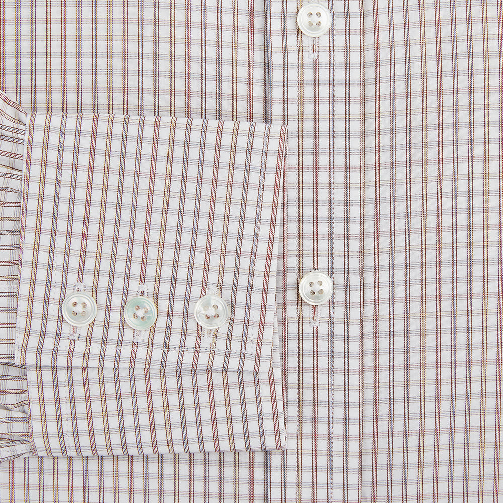 The Turnbull & Asser Multicoloured Check Mayfair Shirt is a long-sleeve, button-up shirt with a classic collar and buttoned cuffs, showcasing a true British checkered pattern on a white background.