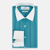 View 5 of product The Turnbull & Asser Turquoise Track Stripe Shirt features a Mayfair fit, contrast white T&A collar and double cuffs, black vertical stripes, and long sleeves, displayed flat on a light background.