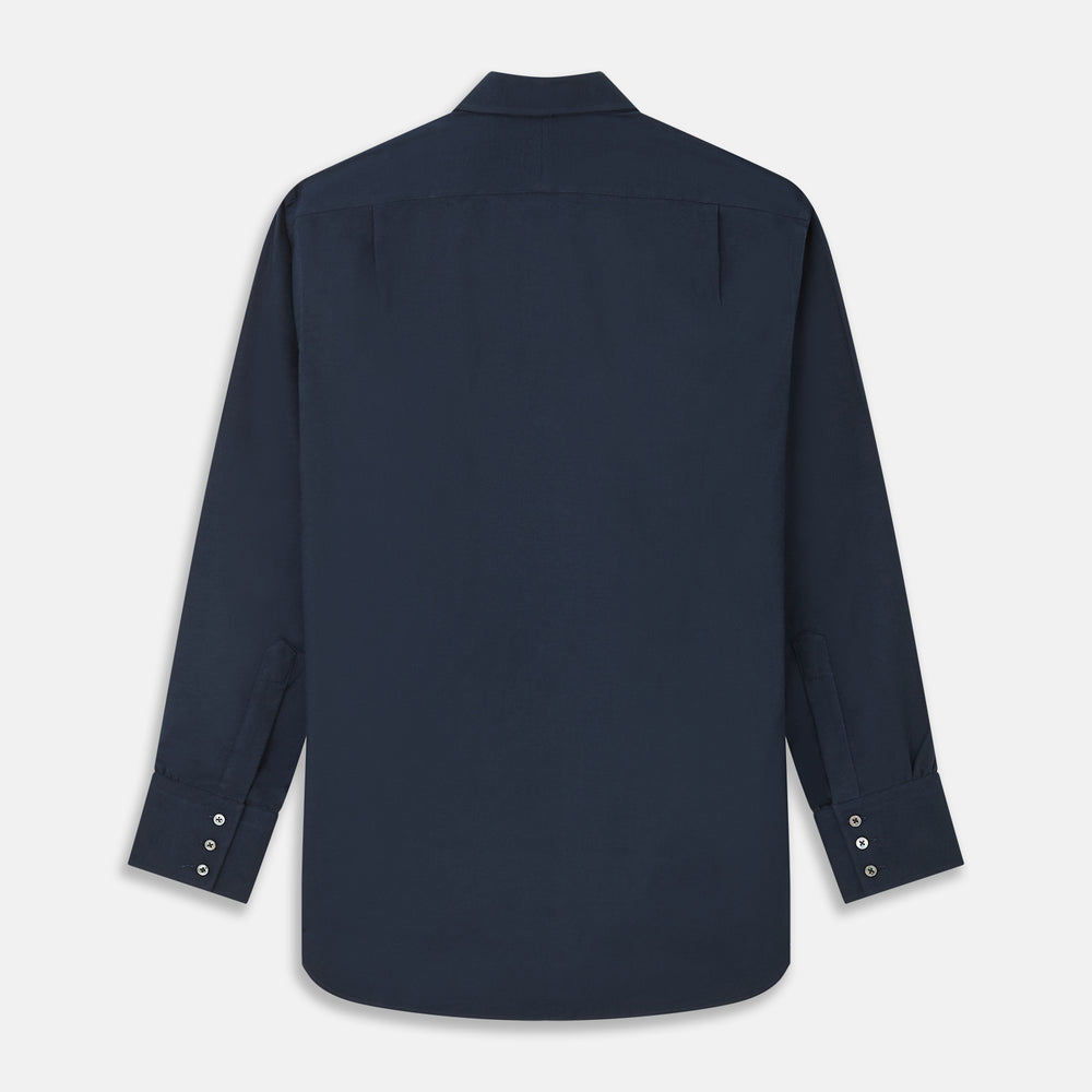 The Turnbull & Asser Navy Cotton Regular Fit Mayfair Shirt is a long-sleeved men’s formal shirt with a collar and white buttons, shown against a plain white background.