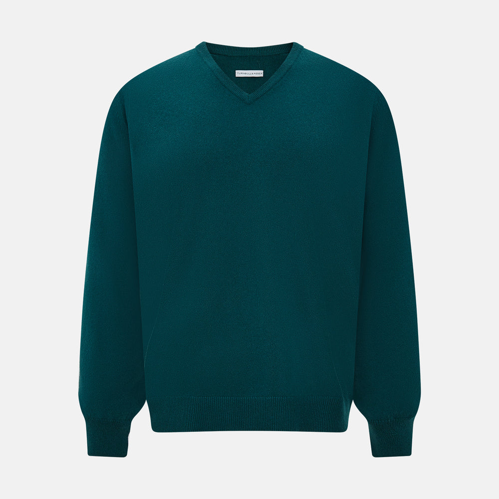 The Moss Green Cashmere V-Neck Jumper by Turnbull & Asser features long sleeves with ribbed cuffs and hem, shown on a plain white background.