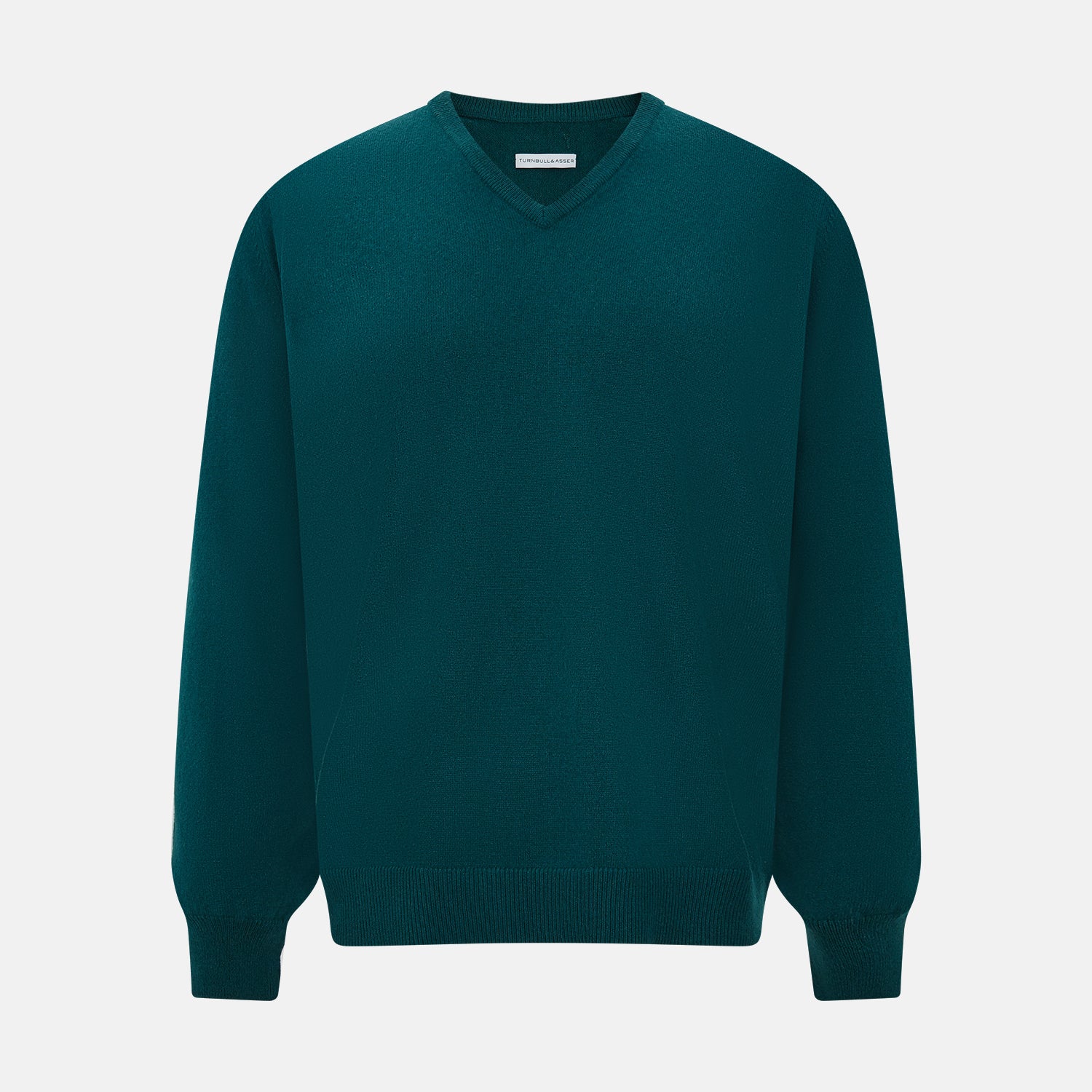 View 1 of product The Moss Green Cashmere V-Neck Jumper by Turnbull & Asser features long sleeves with ribbed cuffs and hem, shown on a plain white background.