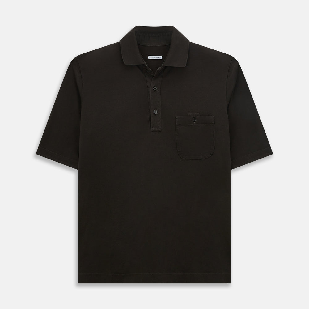 A brown cotton jersey polo shirt by Turnbull & Asser with short sleeves, a collar, three buttons, and a buttoned chest pocket, laid flat on a white background.