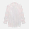 View 3 of product The Red Multi Pencil Stripe Windsor Shirt by Turnbull & Asser features long sleeves, buttoned cuffs, a Turnbull collar, and classic British tailoring with vertical red, pink, and white stripes.