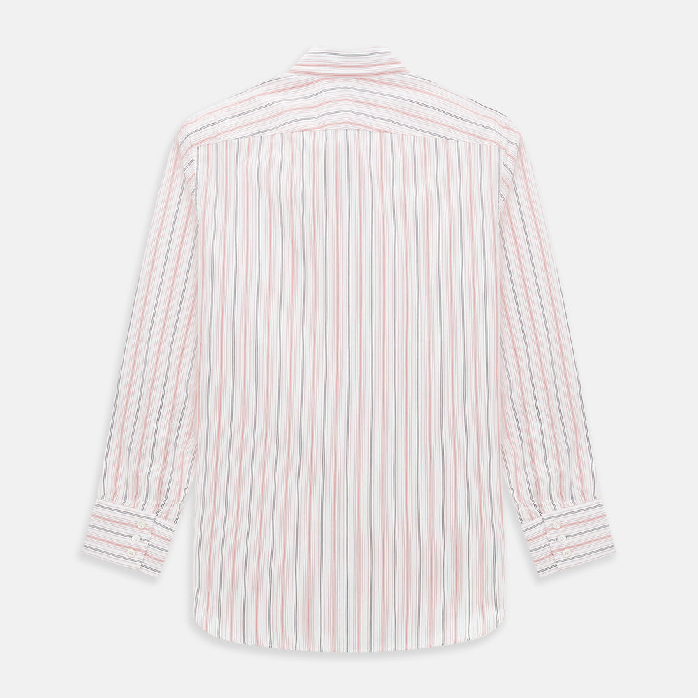 The Red Multi Pencil Stripe Windsor Shirt by Turnbull & Asser features long sleeves, buttoned cuffs, a Turnbull collar, and classic British tailoring with vertical red, pink, and white stripes.