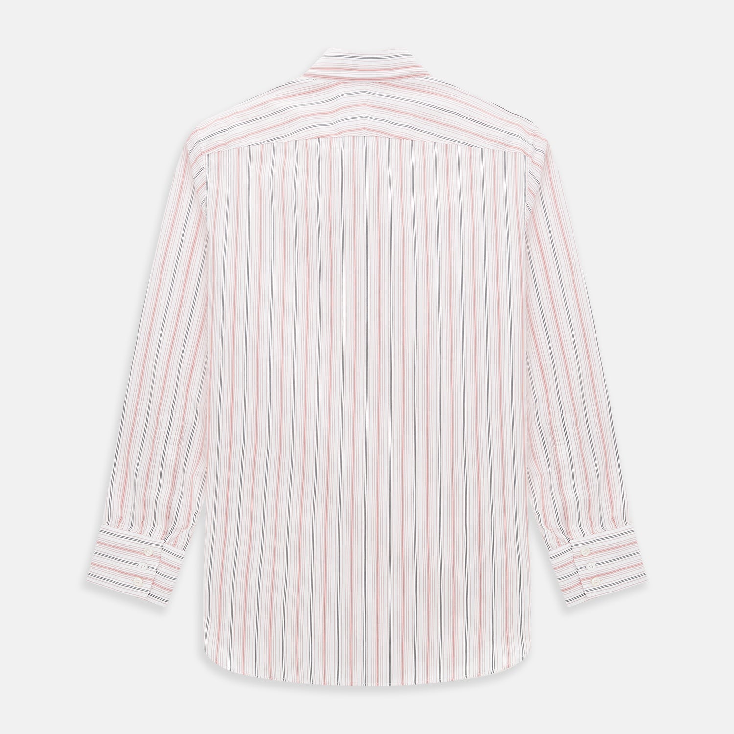 View 3 of product The Red Multi Pencil Stripe Windsor Shirt by Turnbull & Asser features long sleeves, buttoned cuffs, a Turnbull collar, and classic British tailoring with vertical red, pink, and white stripes.