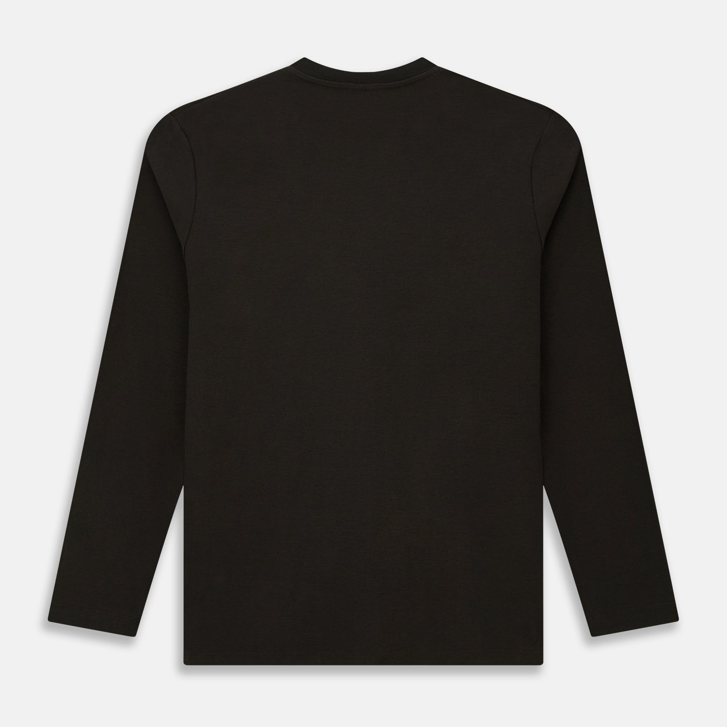 View 3 of product The Dark Chocolate Long-Sleeve T-shirt by Turnbull & Asser, featuring a plain crew neck design with no visible logos, is laid flat on a white background to showcase its quality and versatility.