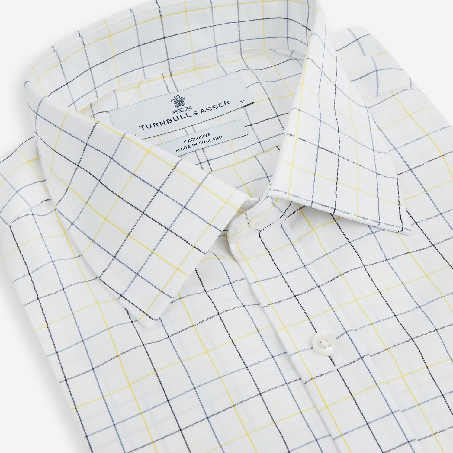 View 2 of product The Turnbull & Asser Yellow and Blue Grid Check Mayfair Shirt features a long-sleeve button-up design with a yellow and blue grid pattern, shown against a plain white background.
