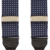 View 2 of product Turnbull & Asser Navy & White Small Spot Adjustable Silk Braces feature black leather loops and silver clasps—timeless accessories displayed on a white background.