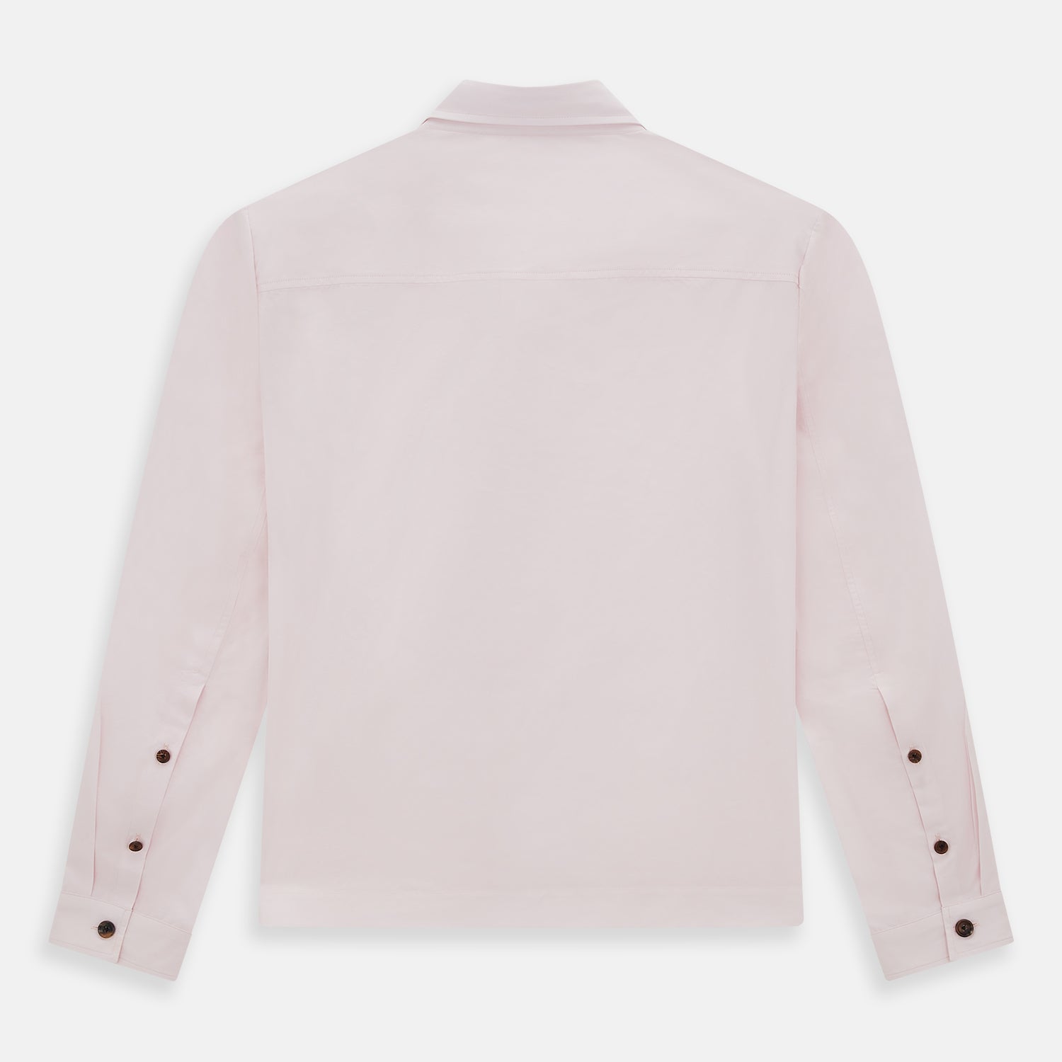 View 3 of product The Soft Pink Hyde Overshirt by Turnbull & Asser features long sleeves, sanforised cotton, dark buttons, and a left front pocket, shown laid flat on a white background.