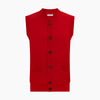 View 1 of product The Turnbull & Asser Red Fine Merino V-Neck Sleeveless Cardigan features a collarless neckline, two front pockets, and five dark buttons, shown on a plain white background.