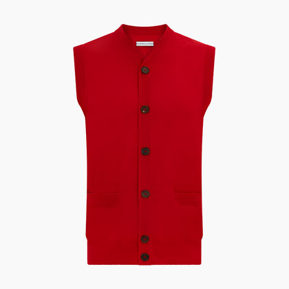 Red Fine Merino V-Neck Sleeveless Cardigan