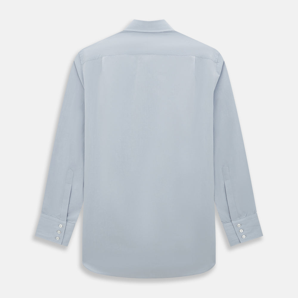The Dove Grey Mayfair Shirt by Turnbull & Asser is a long-sleeve button-up with a collar, front pocket, and white buttons, crafted from soft sanforised cotton and laid flat on a white background.