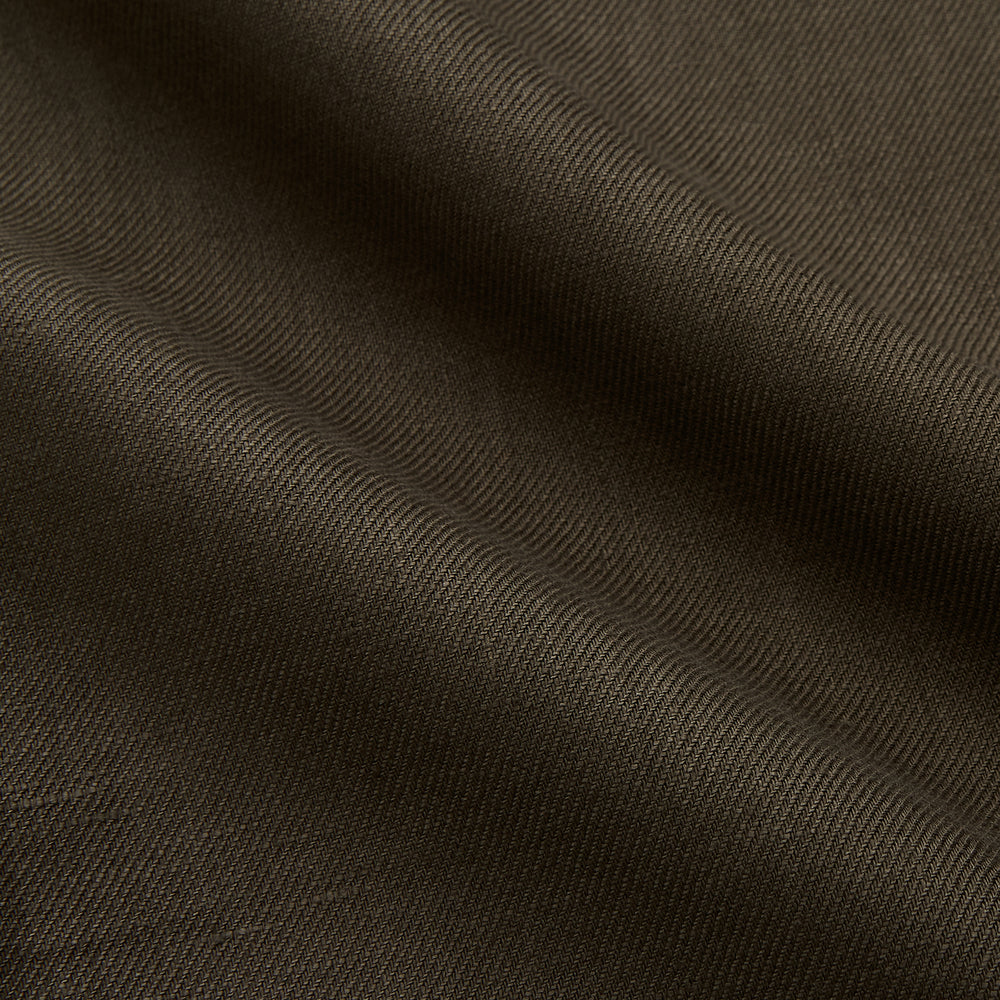 The Turnbull & Asser Khaki Green Linen Weekend Fit Langston Shirt features long sleeves, a classic Derby collar, two chest pockets, and buttoned cuffs, shown against a white background.
