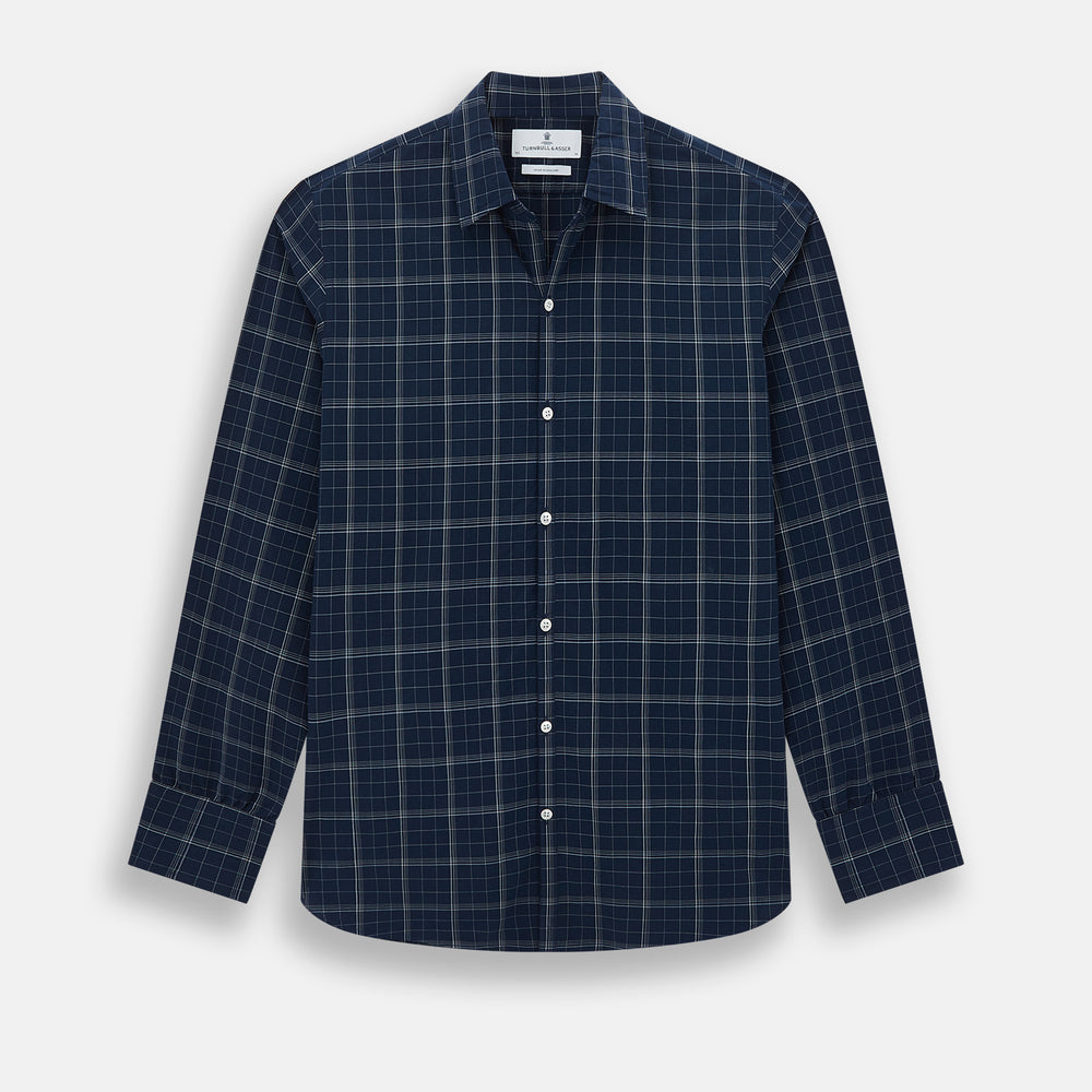 The Indigo and White Thin Plaid Check Windsor Shirt by Turnbull & Asser, a long-sleeve button-up with white buttons, is shown laid flat on a white background.