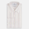 View 5 of product The Purple and Rose Multi Stripe Mayfair Shirt by Turnbull & Asser features thin blue, red, and gray stripes on white, a classic collar, and long sleeves. This British design is displayed on a plain white surface.
