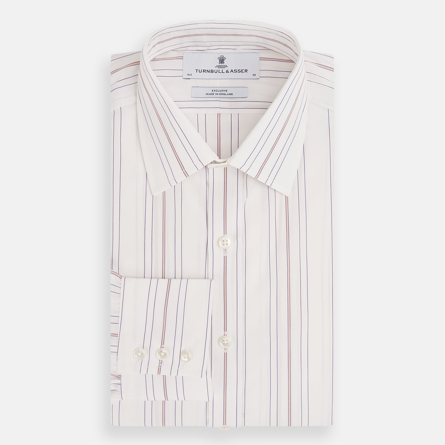 View 5 of product The Purple and Rose Multi Stripe Mayfair Shirt by Turnbull & Asser features thin blue, red, and gray stripes on white, a classic collar, and long sleeves. This British design is displayed on a plain white surface.