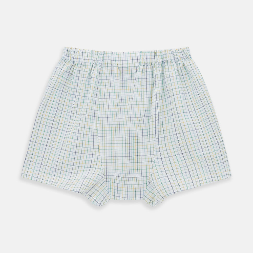 Turnbull & Asser Multicoloured Check Godfrey Boxer Shorts, crafted from Italian cotton with an elastic waistband, shown flat on a white background.