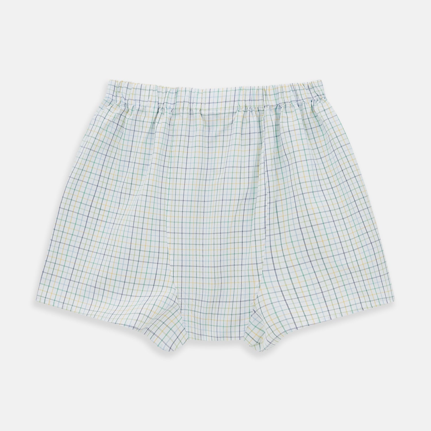 View 2 of product Turnbull & Asser Multicoloured Check Godfrey Boxer Shorts, crafted from Italian cotton with an elastic waistband, shown flat on a white background.