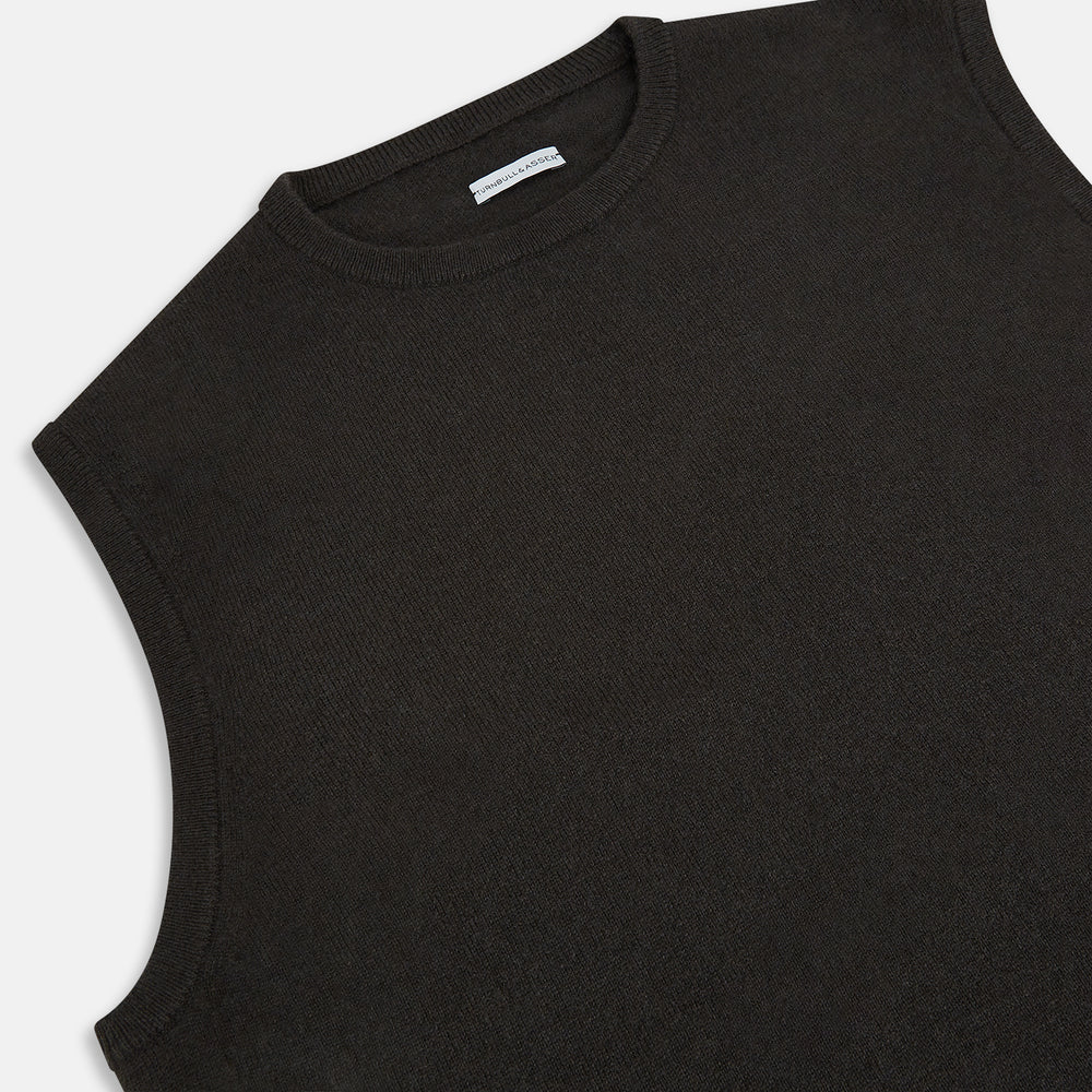 A dark brown cashmere round neck vest by Turnbull & Asser, sleeveless and displayed against a plain white background.