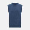 View 1 of product Turnbull & Asser’s Pacific Blue Cashmere Round Neck Vest features a sleeveless design with ribbed collar, armholes, and hem, showcased against a plain white background.