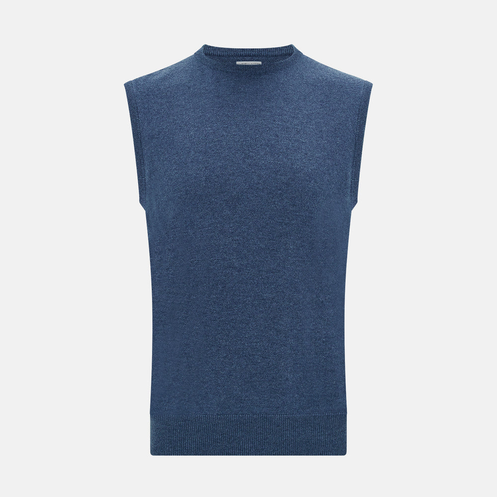 Turnbull & Asser’s Pacific Blue Cashmere Round Neck Vest features a sleeveless design with ribbed collar, armholes, and hem, showcased against a plain white background.