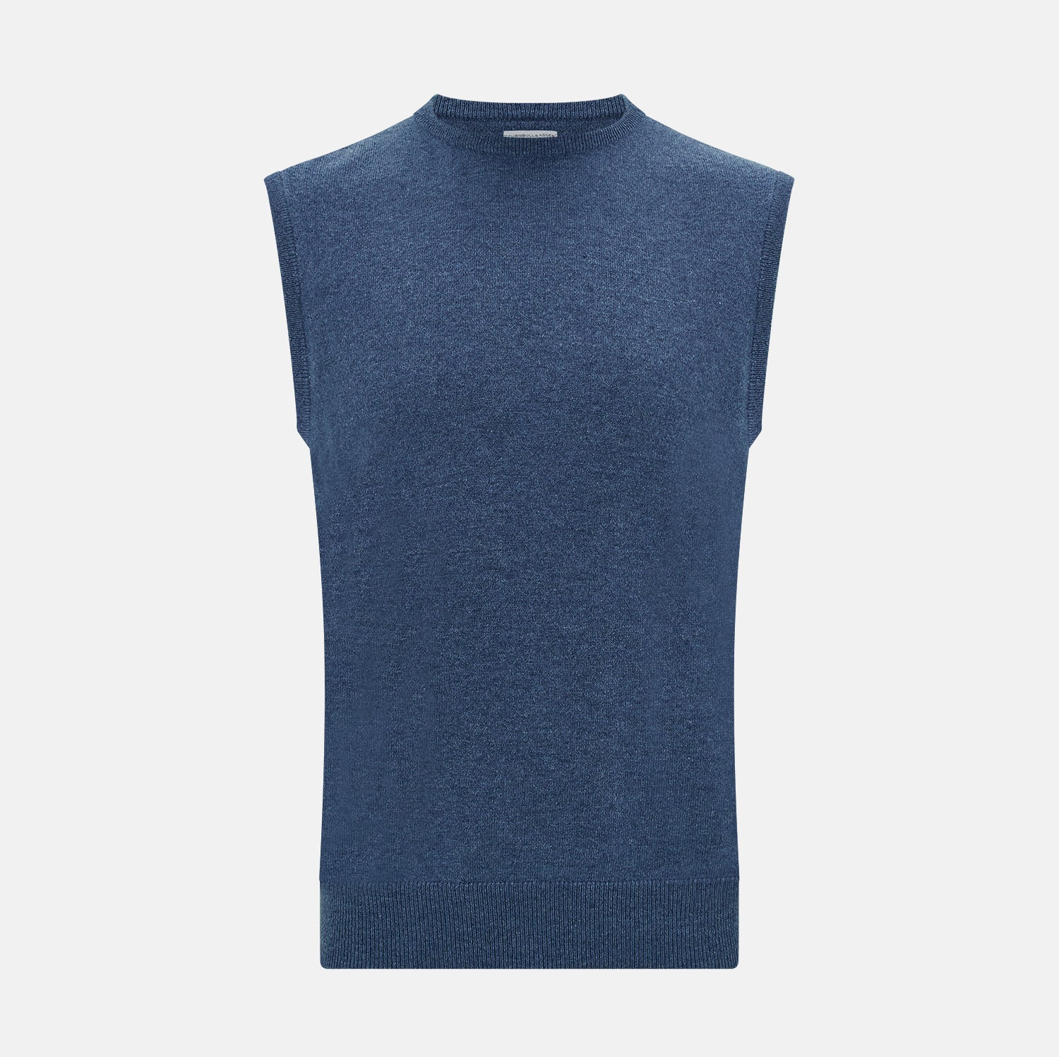 View 1 of product Turnbull & Asser’s Pacific Blue Cashmere Round Neck Vest features a sleeveless design with ribbed collar, armholes, and hem, showcased against a plain white background.