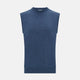 Turnbull & Asser’s Pacific Blue Cashmere Round Neck Vest features a sleeveless design with ribbed collar, armholes, and hem, showcased against a plain white background.